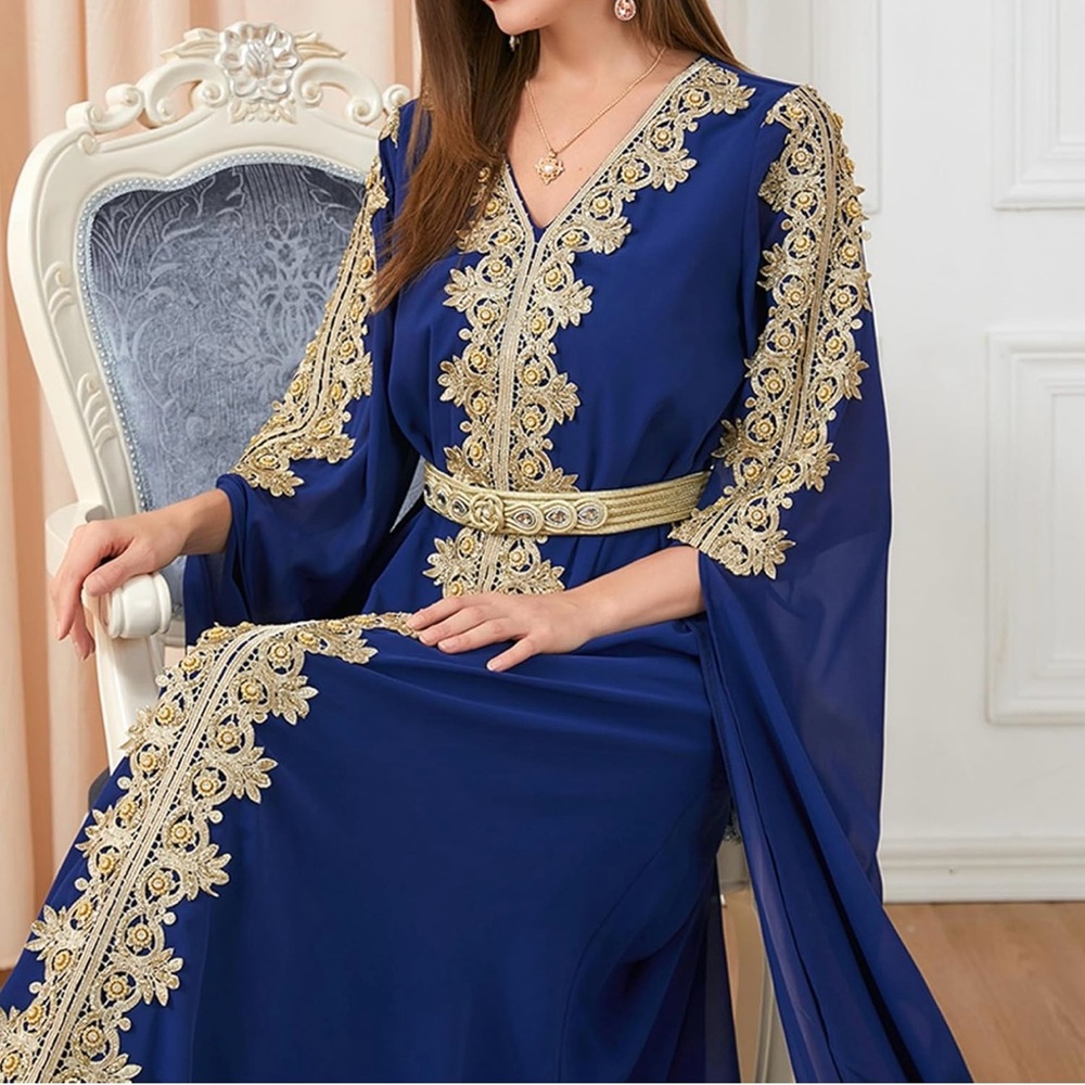 Elegant Blue and Gold Women's Dress - Picture 6 of 14